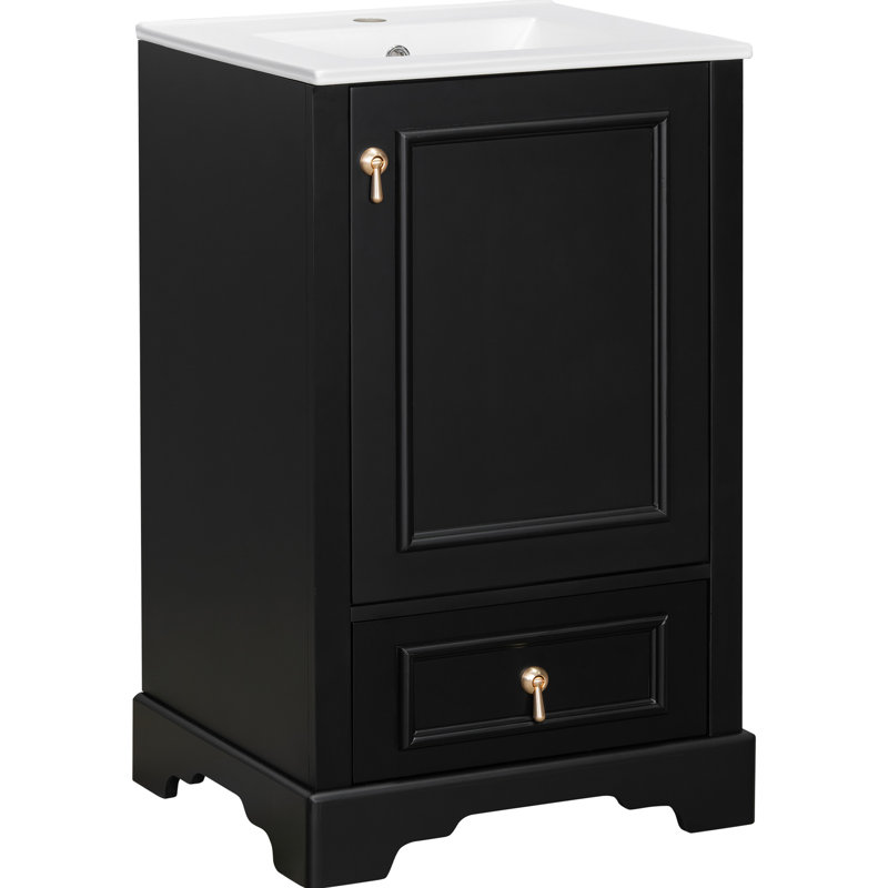 Meuble-lavabo moderne de 20 pouces avec lavabo en céramique, fonction de fermeture en douceur, tablette réglable en forme de U, tiroir à compartiments et construction en bois massif compacte