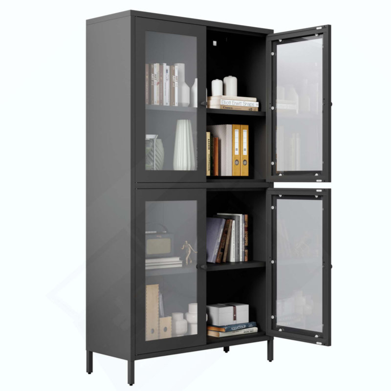 Armoire de rangement classique en métal avec 4 portes en verre et 4 tablettes avec armoire latérale pour bureau à domicile, cuisine, couloir plat, verre trempé plat