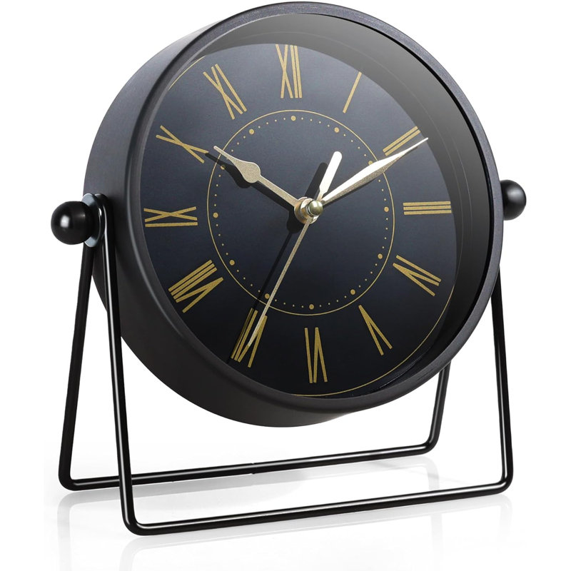 Horloge de bureau Vintage en métal noir et or - Horloge de cheminée à pile avec angle réglable