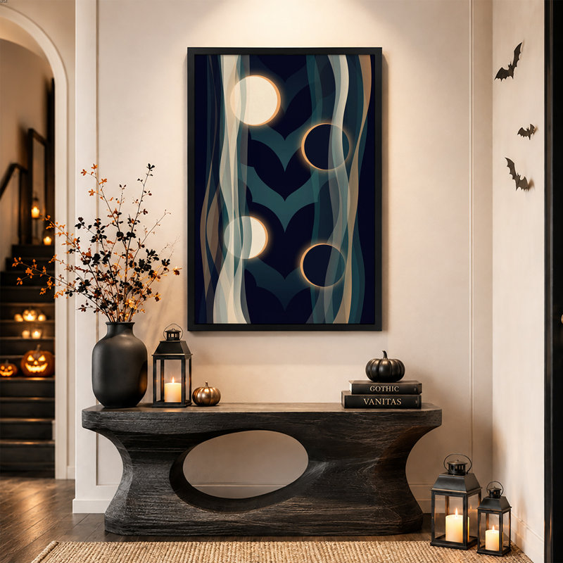 Toile murale d'Halloween : Vagues bleues et turquoise abstraites avec des cercles lumineux, H 36 po x l 24 po