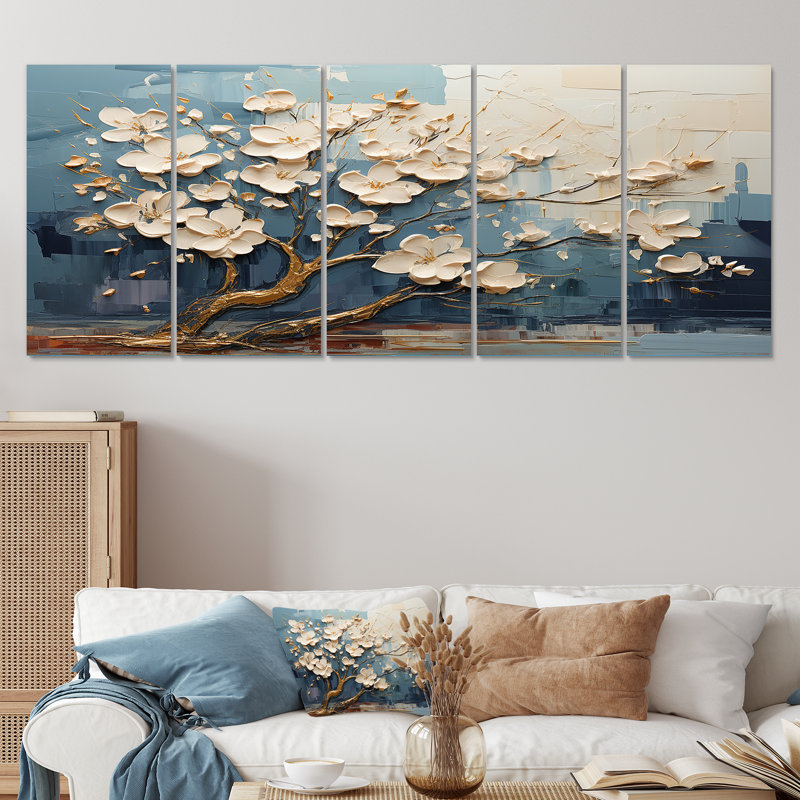 "Orchidée bleue et blanche, jardin de branches VI", 5 pièces, H 28 po x l 60 po