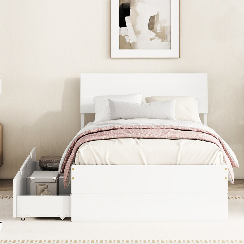 Structure de lit simple avec détails blanc crème - Élégante pièce maîtresse de la chambre à coucher à 2 tiroirs