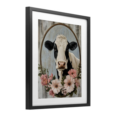 Pretty Floral Cow Portrait Framed Print Under Glass, design by Petal Prints Design