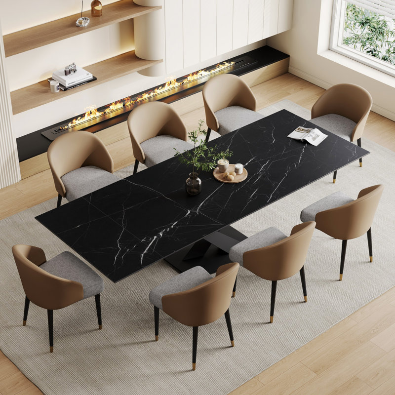Ensemble de salle à manger extensible en pierre frittée 94,48 po avec 8 chaises en cuir Russile, Noir, Orange et gris