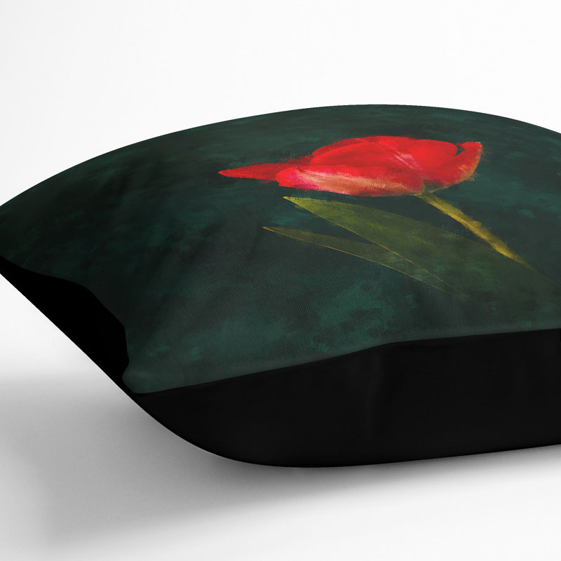 Lone Tulip Painting Cushion with Filling, Black, 40cm H x 40cm W x 15cm D