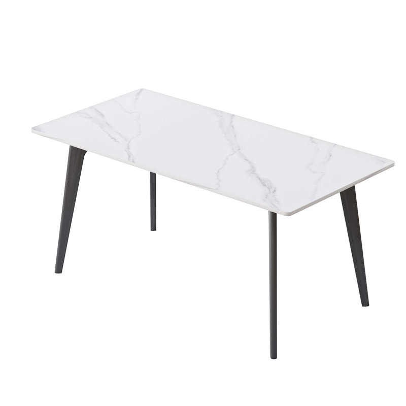 Table de salle à manger moderne en pierre artificielle avec bord droit et pieds en métal, pour 6 à 8 personnes, Blanc, Noir