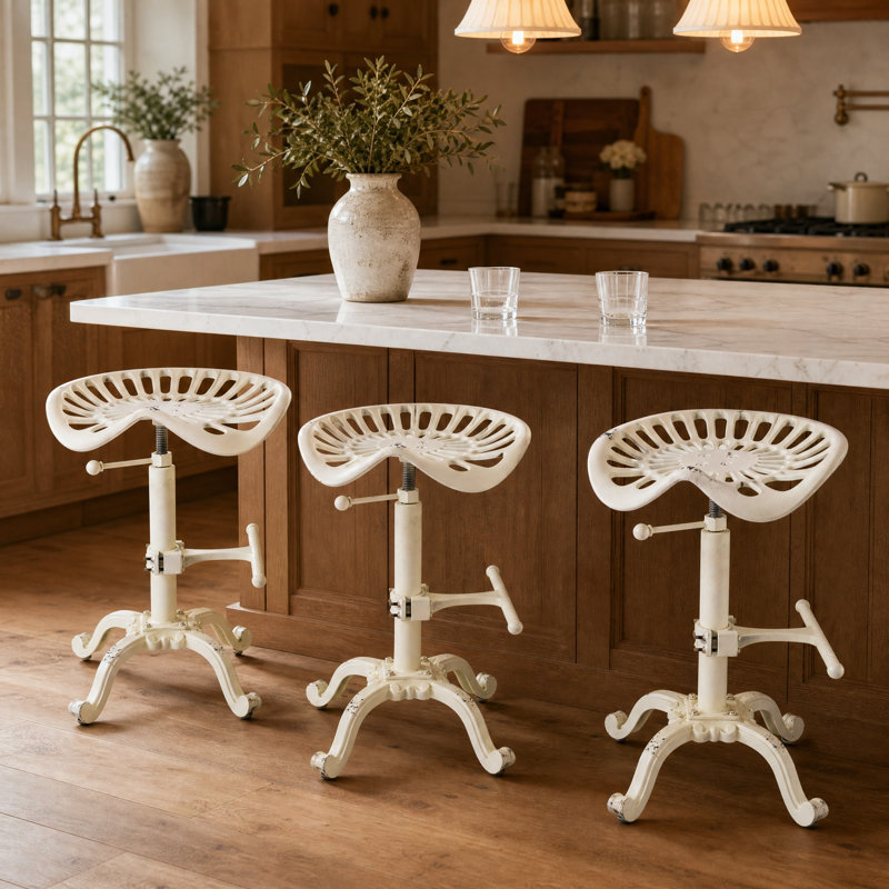 Ensemble de 3, tabouret de bar à siège de tracteur - tabouret de bar industriel rustique - tabouret pivotant en fonte de style campagnard - hauteur de comptoir réglable - très haute hauteur de pub - 22,05 à 27,95 po (blanc vieilli)