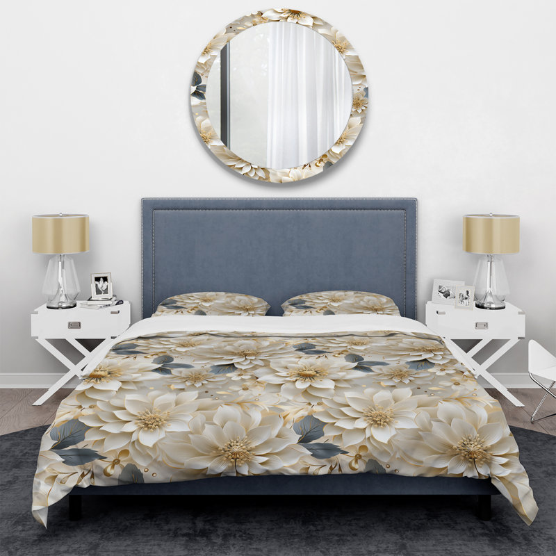 Ensemble de housse de couette White And Gold Chrysanthemum Mandalas, Housse de couette simple + 1 taie décorative stan