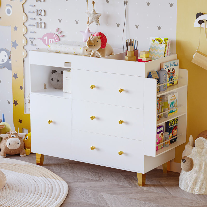 Wooden Baby Changing Table Dresser,Diaper Changing Table with Large Tabletop,4 Drawers, Open Storage Space & Side Shelves,Modern Storage Crib with Changing Table for Nurseries and Baby Rooms,White