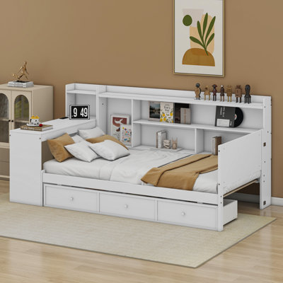 Lit de jour en bois avec 3 tiroirs, ports USB et bureau
