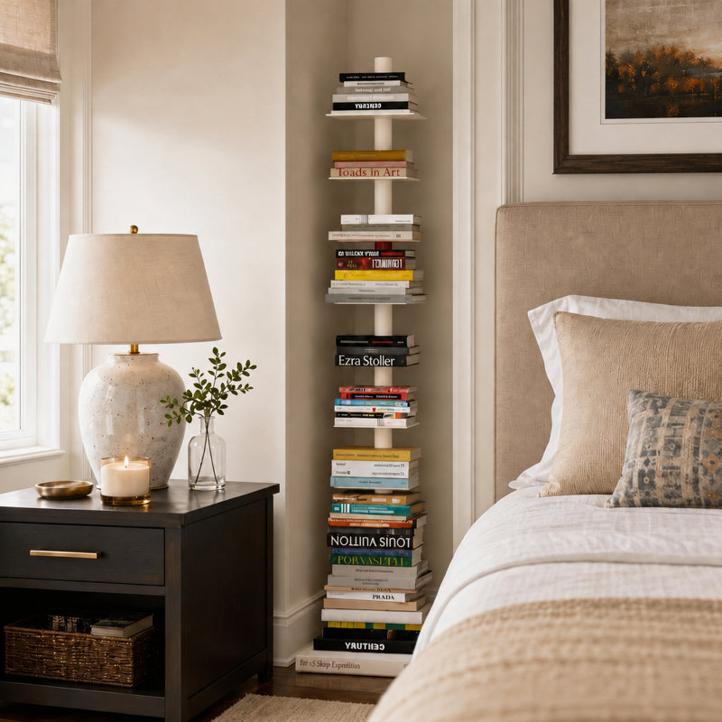 9 Tier Bookshelf, Vertical Corner Shelf With Modern Invisible Spine Ladder, White