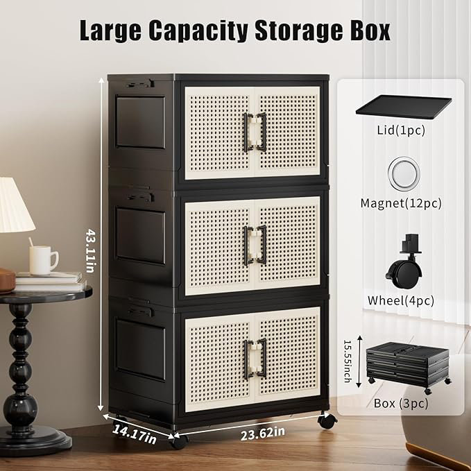 3Pack 80QT/20GAL Stackable Storage Bins With Lids, Plastic Collapsible Organizers Box  With Wheels For Home, Dorm, Office