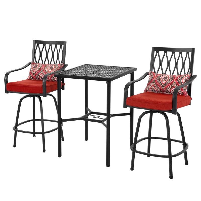 Outdoor 3pcs Metal Swivel Bar Set With Umbrella Hole And Padded Cushions 