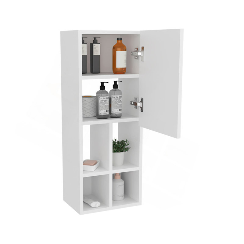 Armoire de salle de bain murale avec porte et 4 tablettes ouvertes, finition.