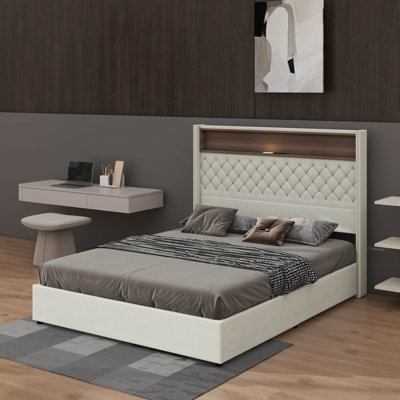 Structure de lit double en velours capitonné pleine grandeur, avec USB et veilleuse, lit plateforme à oreilles avec tablette de tête de lit intégrée