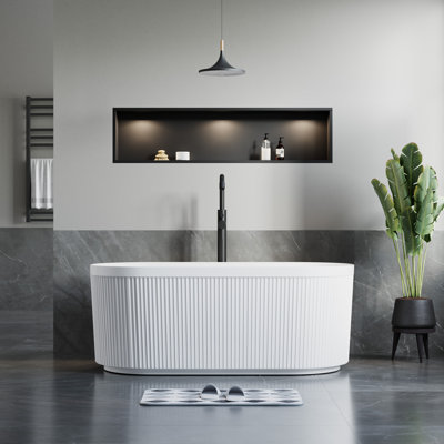 59'' x 30'' Freestanding Soaking Acrylic Bathtub with Overflow, Fluted Design