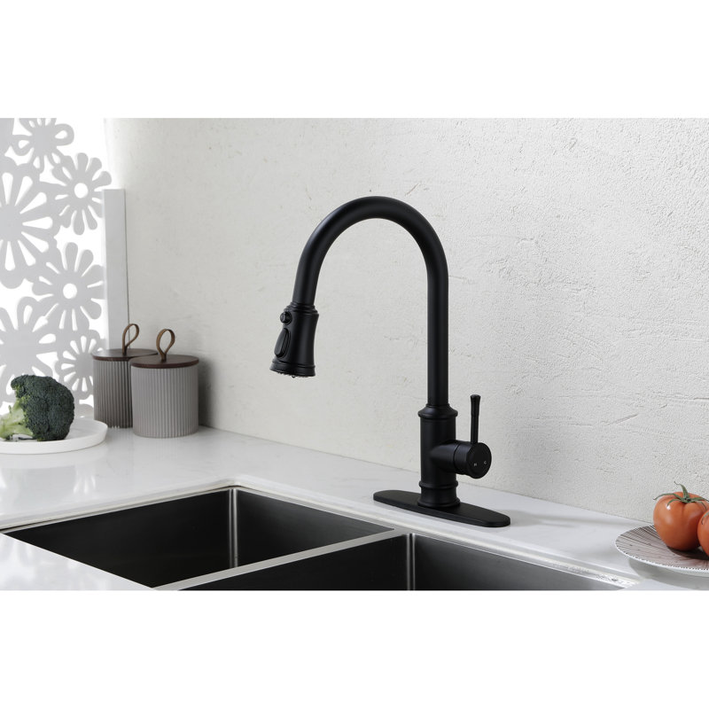 Robinet de cuisine monocommande à grande arche coulissant avec duvet en noir mat, acier inoxydable, homologué, débit de 1,8 gal / min, robinet noir facile à installer et à faire fonctionner