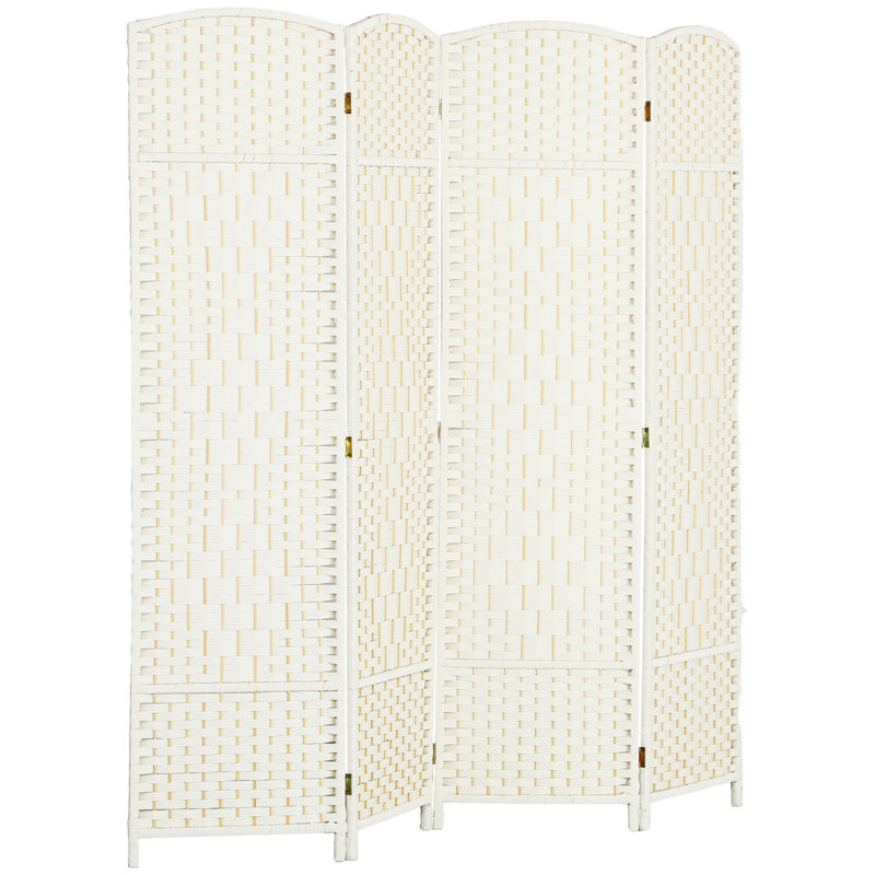 Paravent à 4 panneaux, écran d'intimité pliable de 6 pi de hauteur, cloison murale autoportante tissée à la main pour bureau à domicile, chambre à coucher, blanc, bois