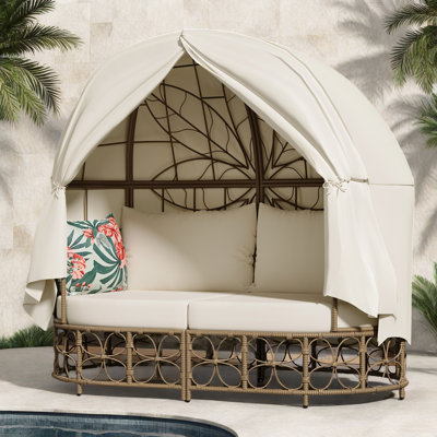 Lit de jour d'extérieur 59,8 "avec coussins colorés, lit de jour de patio en osier avec rideau, motif floral, osier naturel