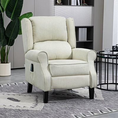 Fauteuil inclinable de salon avec massage par vibration et chaleur - repose-pieds simple à oreilles en tissu de lin blanc, poche latérale moderne, couleur