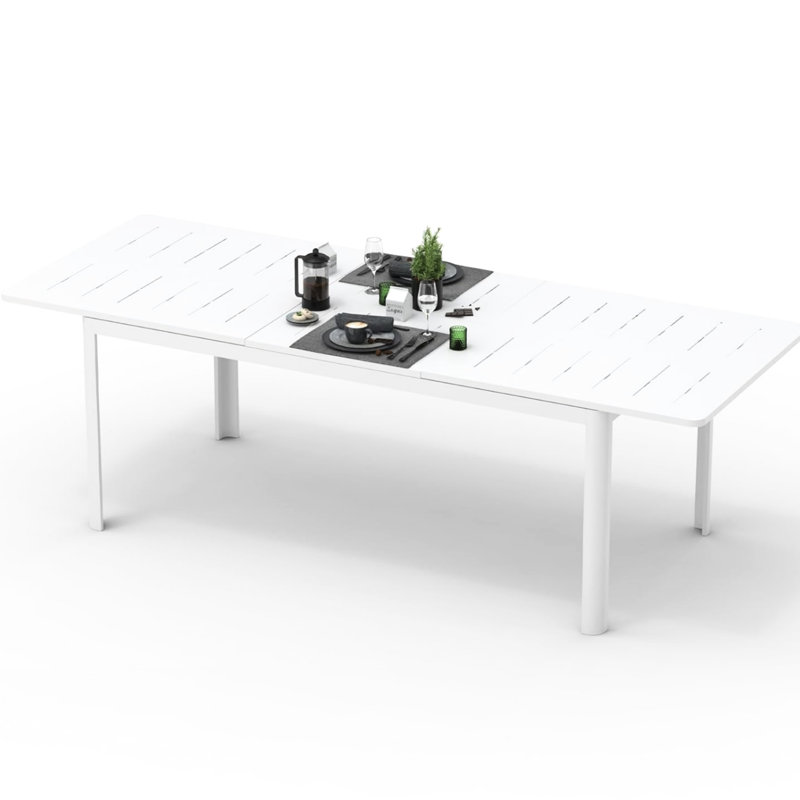 Table de patio en métal et aluminium blanche, extensible pour 6 à 8 personnes, et facile à assembler pour nettoyer rapidement et efficacement les personnes rectangulaires