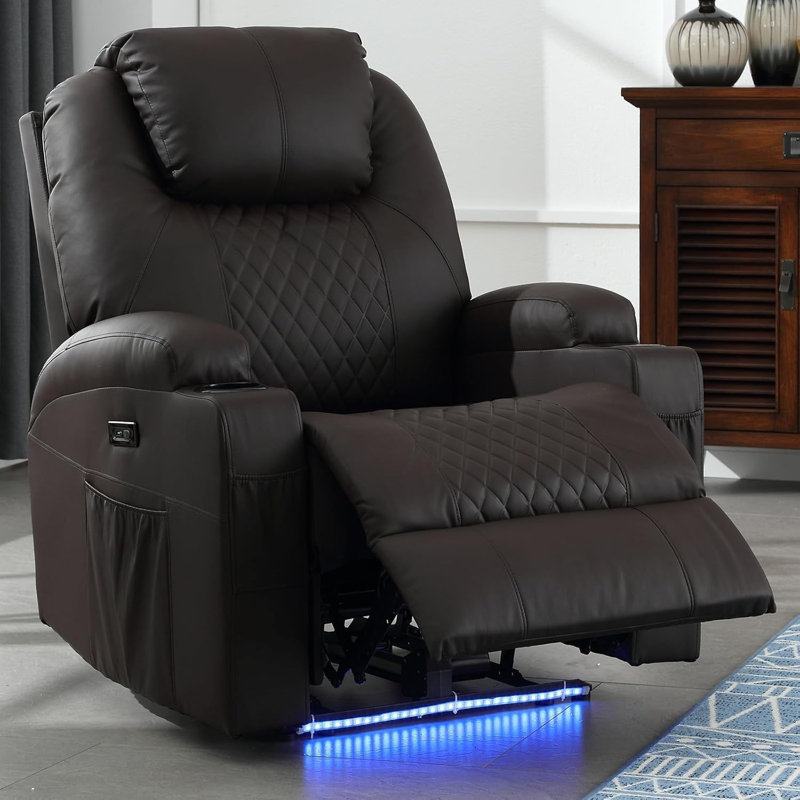 Power Recliner Chair with Heat and Massage, PU Leather Home Theater Seating with LED Lights/Cup Holders/Side Pocket/USB Port, Reclining Sofa Chair for Living Room