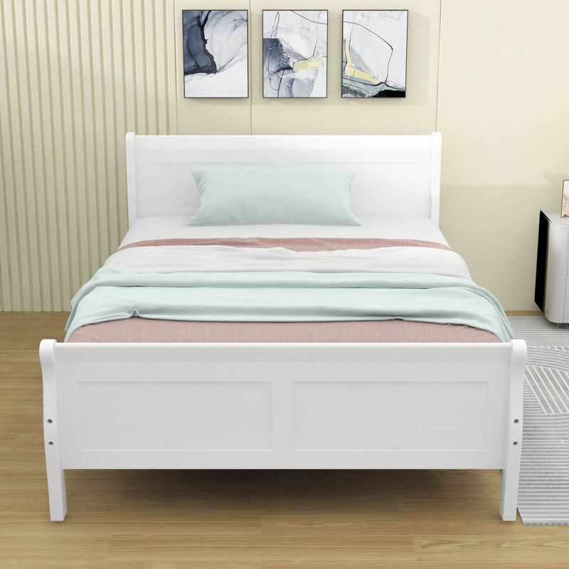 Base de lit plateforme en bois avec tête de lit Dovidio, Double, Blanc