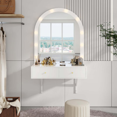 Floating Makeup Vanity Desk With Mirror & 3-Color Lights,Wall Dressing Table With Power Outlet,Compact Vanity,Large Storage
