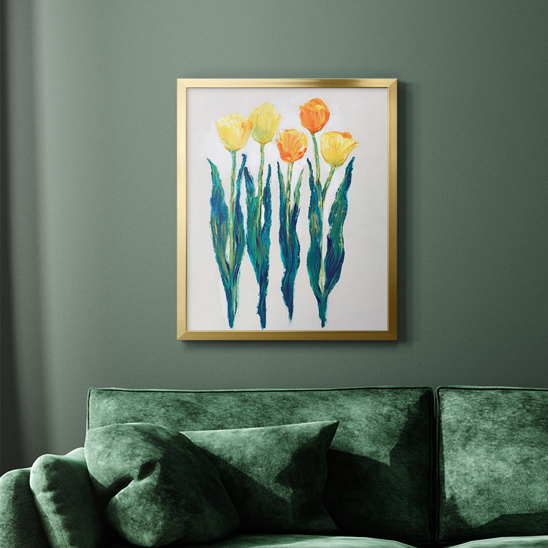Tulipes dans une rangée II, toile encadrée de qualité supérieure - prête à être accrochée, Or, H 20 po x l 16 po