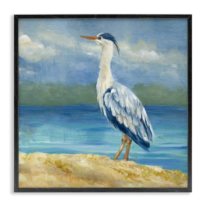 Héron sur une plage nuageuse, art de la giclée encadrée par Lanie Loreth, H 12 po x l 12 po, Giclée encadrée noir minuit