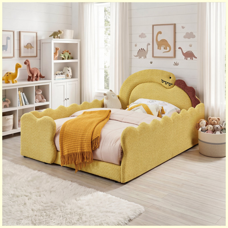 Lit double en forme de dinosaure avec barrière de sécurité, cadre de lit en bois massif, revêtement en tissu bouclé, pour enfants et tout-petits