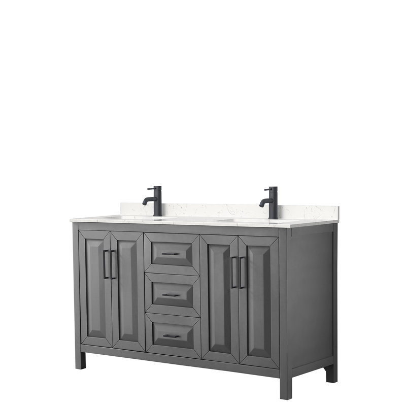 Ensemble de meuble-lavabo double 60 po Daria, Marbre de culture de Carrare, Gris foncé, Chrome poli