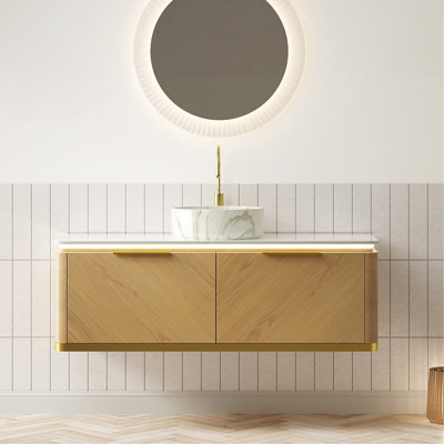 Meuble-lavabo 48 po, meuble de rangement flottant en contreplaqué avec 2 tiroirs, capteur de lumière, vasque en céramique blanche à motif de pierre et plateau en pierre frittée, chêne Corolla pré-assemblé