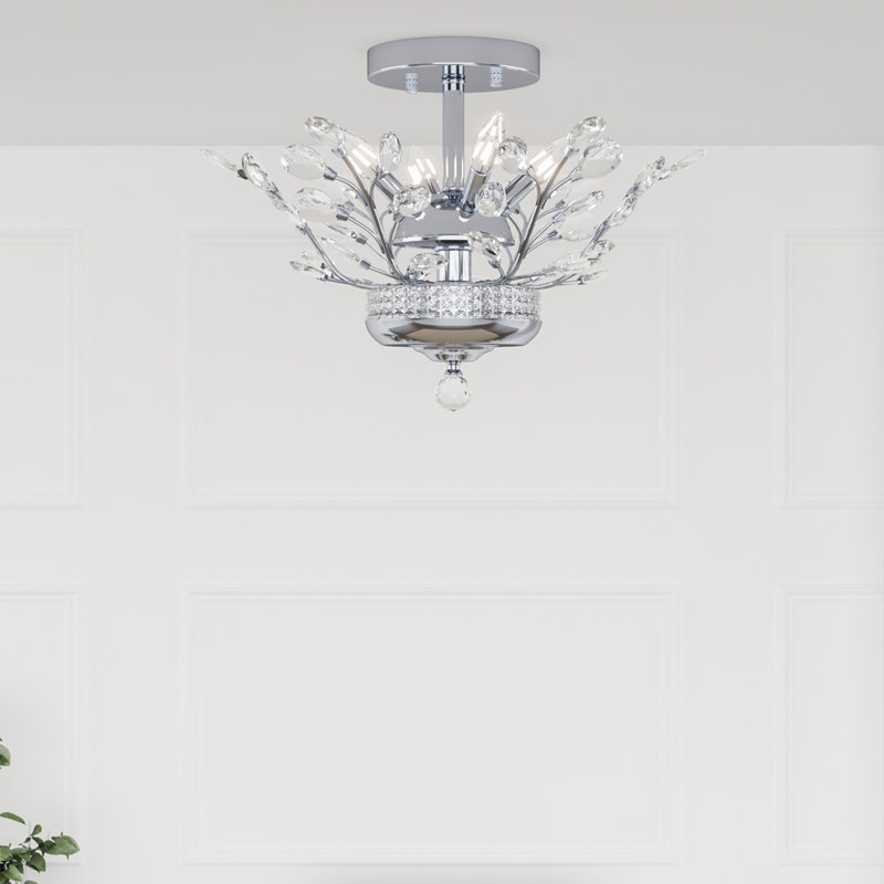 Plafonnier semi-encastré à 4 lumières de style lustre 16,1 po Grinstead avec détails en cristal, Chrome