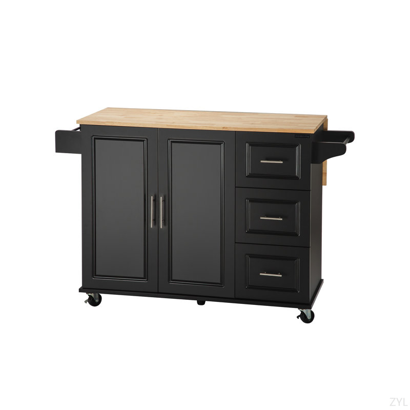 Kitchen Island & Kitchen Cart, Mobile Kitehcn Island With Extensible Rubber Wood Table Top,Adjustable Shelf Inside Cabinet For Different Utensils, 3 Big Drawers, With Spice Rack, Towel Rack, Black-Bee