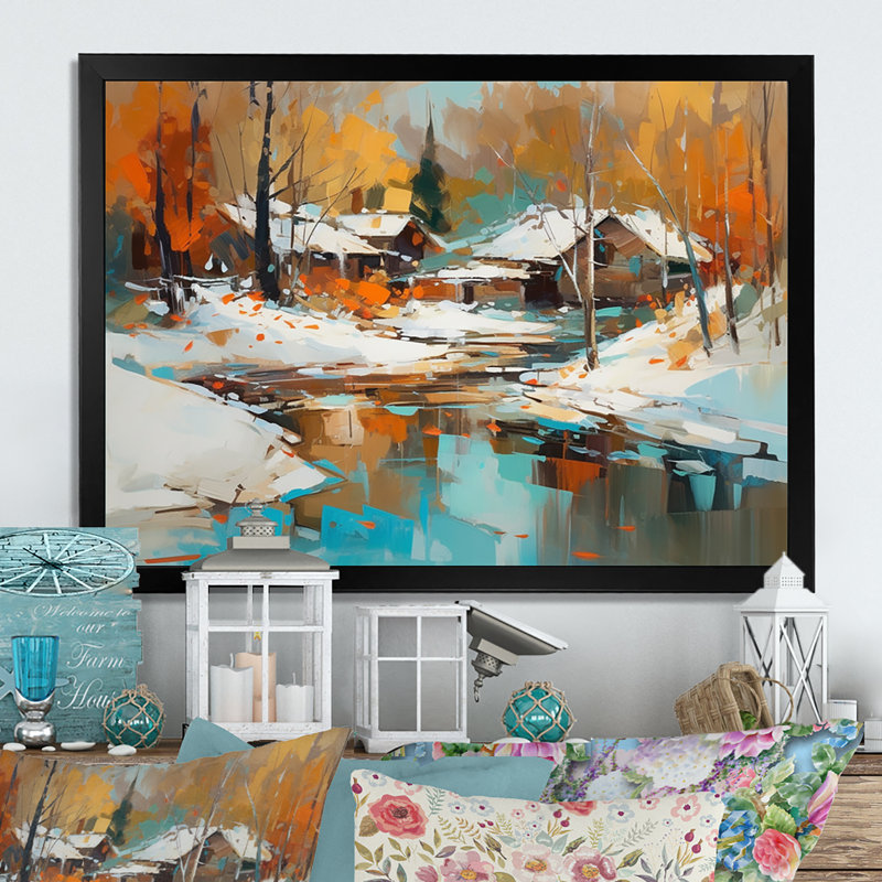 «Rumjka Bloud Snow Covered Cabin», reproduction sur toile, Cadre photo noir, H 12 po x l 20 po x P 1 po