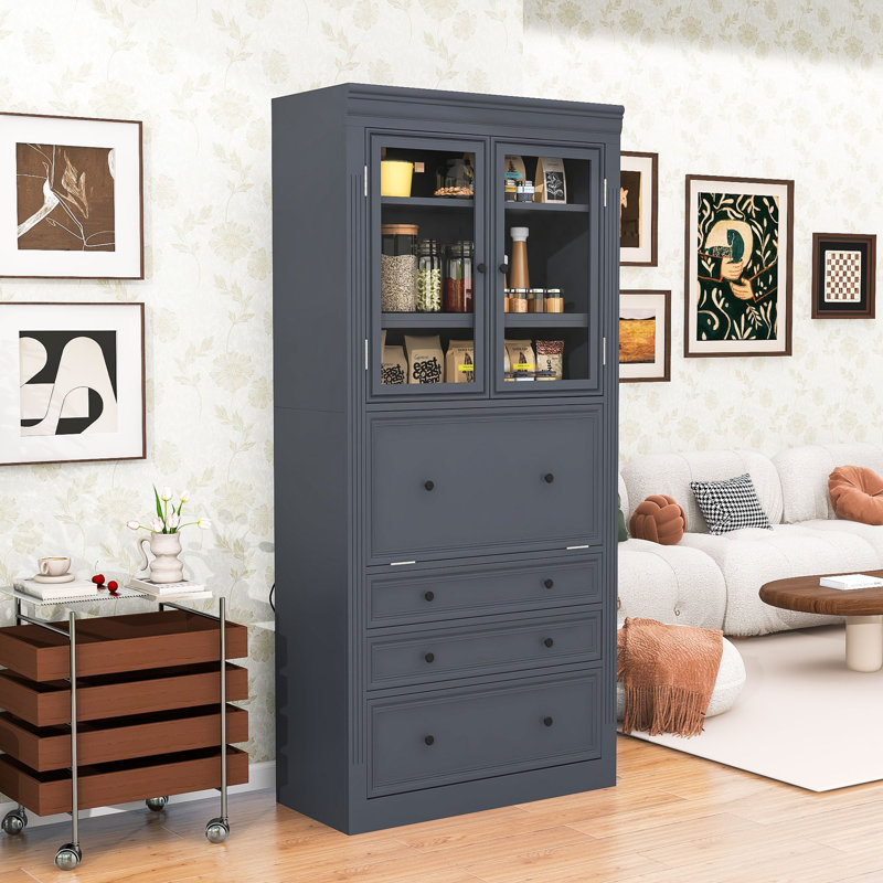 Armoire de rangement pour garde-manger avec tiroirs, tablettes, ports USB et portes, Gris