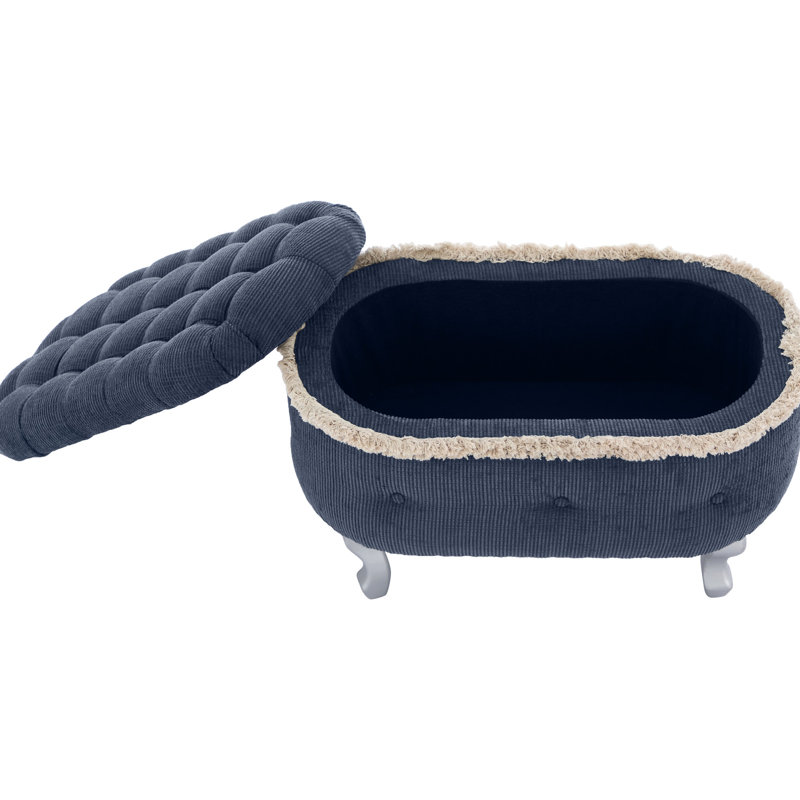 Banc de rangement bleu 29,5 po avec boutons, revêtement en tissu, frange à pampilles, adaptabilité multi-scénario, structure stable rembourrée, mousse haute densité, idéale pour le vestibule