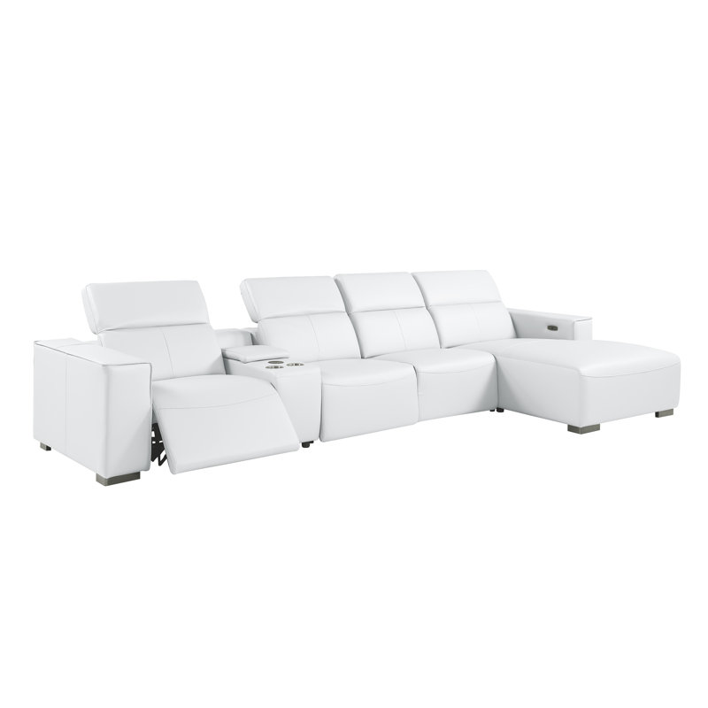 Canapé modulaire en L en cuir véritable 5 pièces WHITE avec 1 fauteuil inclinable électrique et appuie-tête réglables WHITE