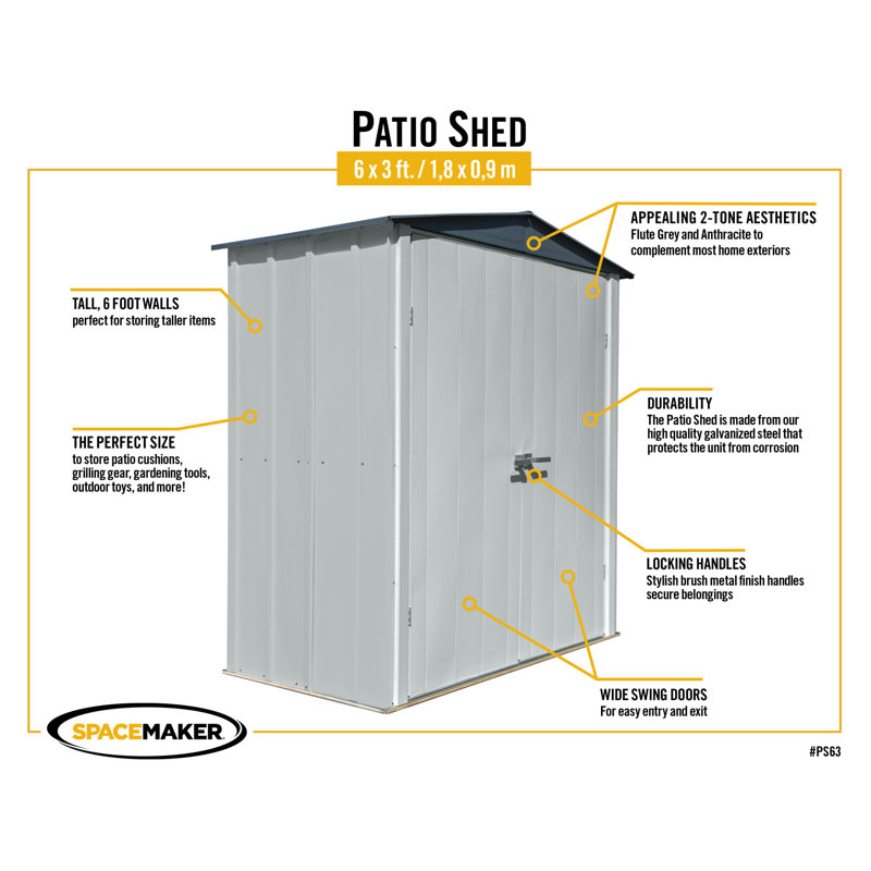 Flute Gray and Anthracite Steel Patio Shed with Swing Doors
