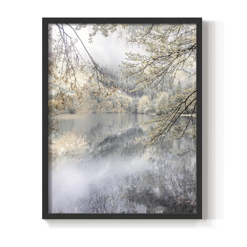 Misty Lake Framed Print - Solid Wood, 14" H x 11" W, Black