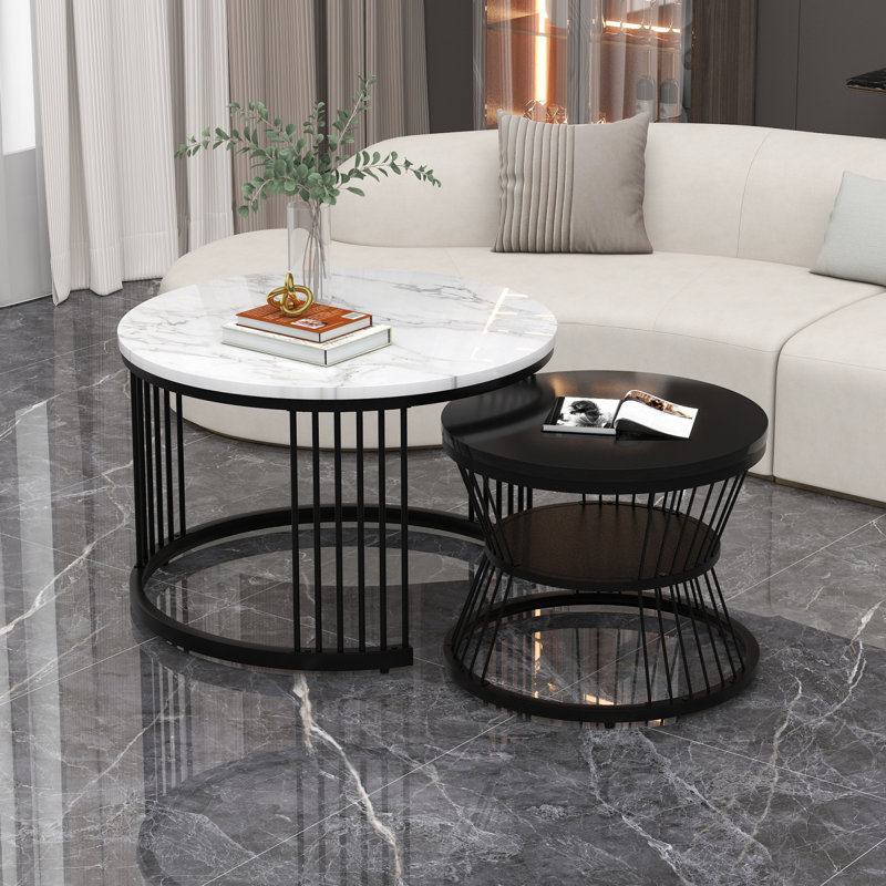 Amahya Frame Coffee Table with Storage, White Marble, Black