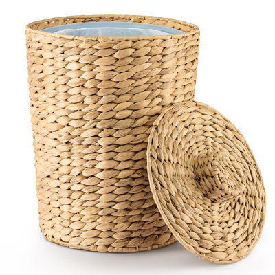 4 Gallons Wicker Waste Basket - Water Hyacinth Bathroom Garbage Can With A Lid - Bathroom Trash Can Boho Style - Wicker Trash Can With Lid For Household, Kitchen - Removable Liner, Iron Frame