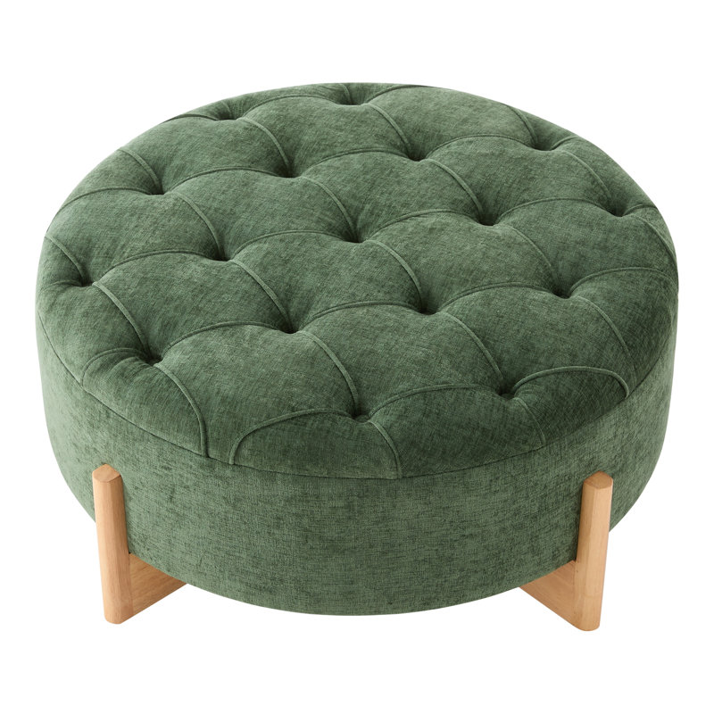 32" Round Tufted Ottoman with Solid Wood Legs, Green
