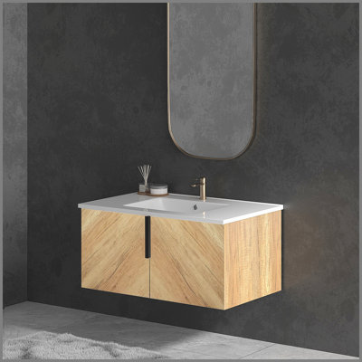 36 Inch Wall-Mounted Bathroom Vanity with 3D Fluted Panel & Ceramic Integrated Sink