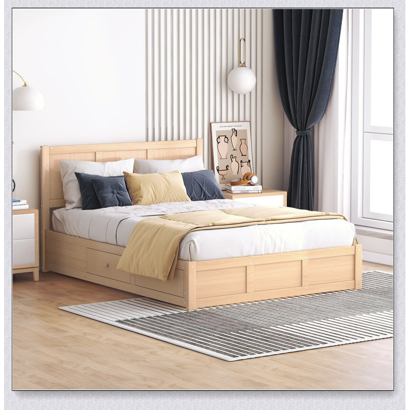 Lit plateforme en bois avec rangement inférieur et 2 tiroirs, parfait pour les chambres modernes et peu encombrantes.