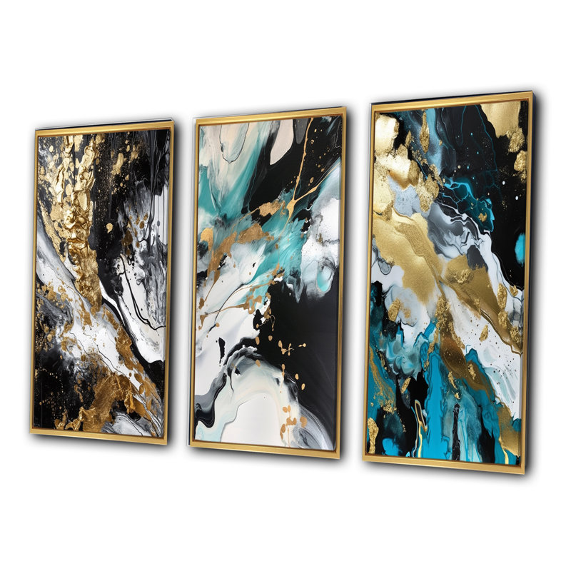 Pleine lune bonheur doré et turquoise abstrait III - Ensemble de 3 peintures abstraites, Cadre flottant doré