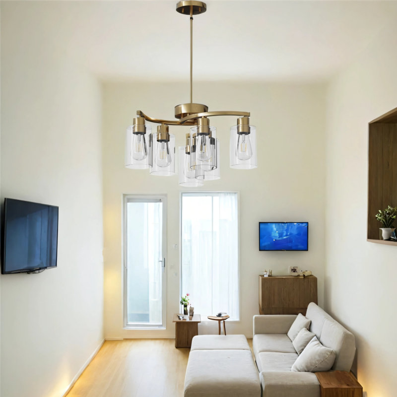 Luminaire suspendu à hauteur réglable avec abat-jour en verre transparent, Six lumières, Doré, H 74,7 po x l 28 po x P 28 po