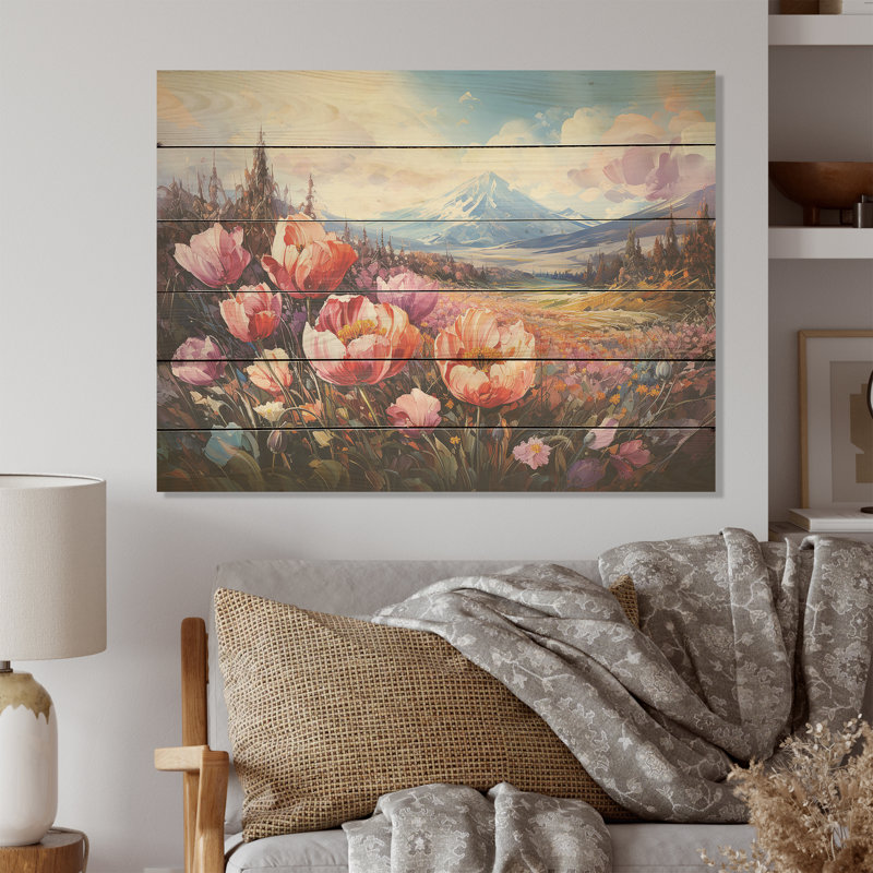 Charme de tulipes mauves sur une montagne - art mural en bois de tulipes sur bois de pin naturel, H 24 po x l 32 po