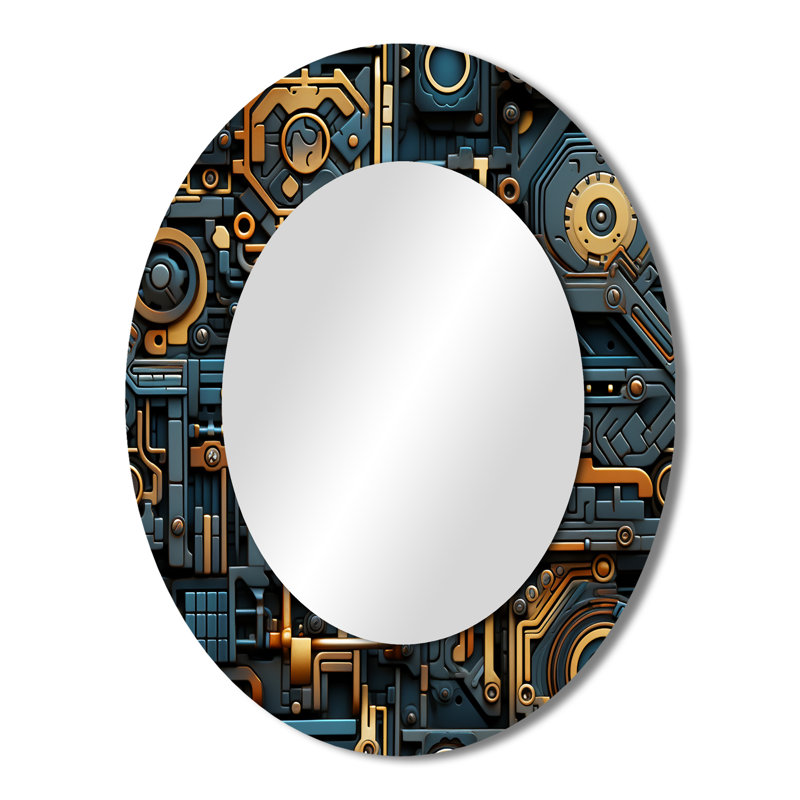 Ryin Steampunk Industrial Gold And Teal Geometric - Geometric  Large Wall Mirror, Gold Unique Mirror, Printed Metal Art, Oval